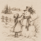 Vintage-style illustration of a little girl placing a carrot nose on a snowman in a snowy winter countryside.