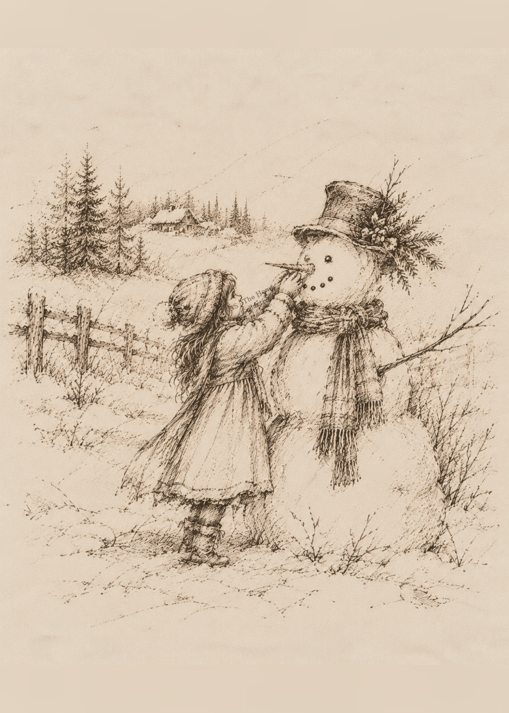Vintage-style illustration of a little girl placing a carrot nose on a snowman in a snowy winter countryside.