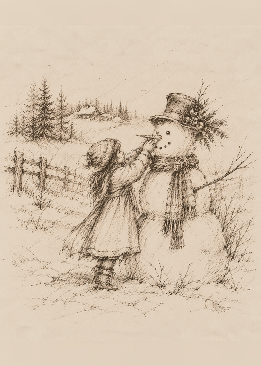 Vintage-style illustration of a little girl placing a carrot nose on a snowman in a snowy winter countryside.