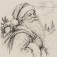 Vintage Santa Claus ink sketch printable wall art featuring a detailed black-and-white Santa illustration on an antique parchment background.