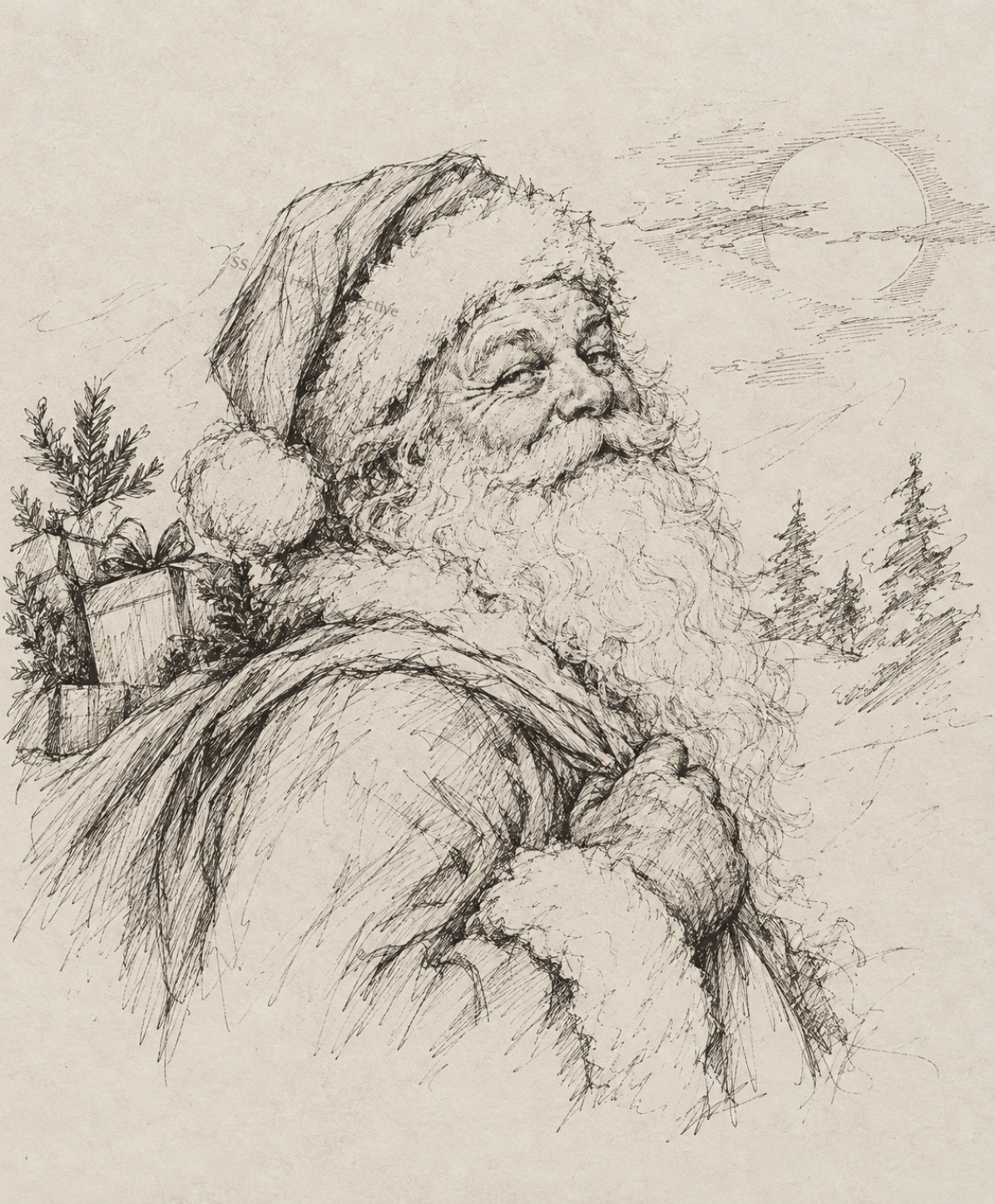 Vintage Santa Claus ink sketch printable wall art featuring a detailed black-and-white Santa illustration on an antique parchment background.