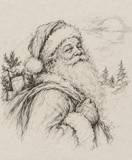 Vintage Santa Claus ink sketch printable wall art featuring a detailed black-and-white Santa illustration on an antique parchment background.
