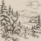 Vintage hand-drawn winter countryside illustration featuring a stag and doe among snow-covered pine trees, rustic fencing, a cozy cabin, and distant mountains on aged parchment.