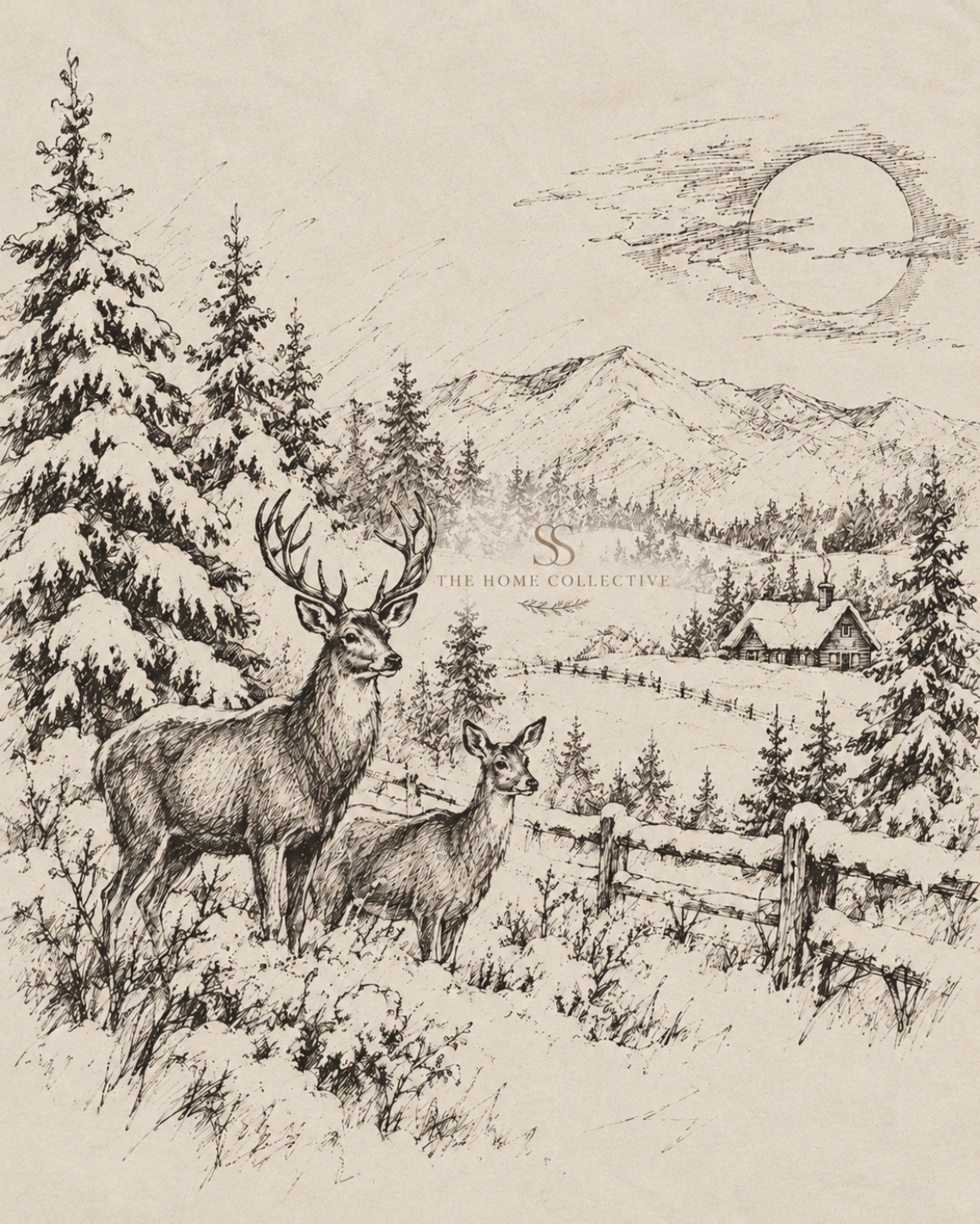 Vintage hand-drawn winter countryside illustration featuring a stag and doe among snow-covered pine trees, rustic fencing, a cozy cabin, and distant mountains on aged parchment.