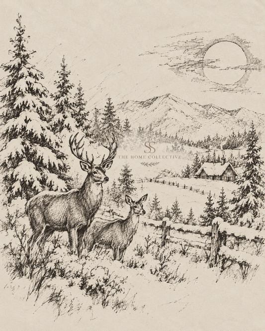 Vintage hand-drawn winter countryside illustration featuring a stag and doe among snow-covered pine trees, rustic fencing, a cozy cabin, and distant mountains on aged parchment.