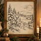 Vintage snowy deer countryside sketch displayed in an antique gold frame, styled with evergreen greenery, brass candlesticks, and warm Christmas accents on a rustic wooden mantel.