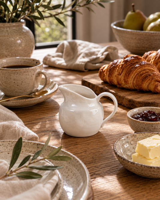 Small white ceramic creamer pitcher styled on a marble countertop beside croissants, espresso cups, soft linen, and olive branches in a warm California-modern breakfast kitchen.