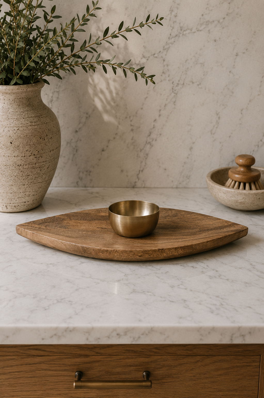 Wood serving platter with a removable brass dip bowl displayed on a white marble countertop against a marble backdrop in a minimalist studio setting.