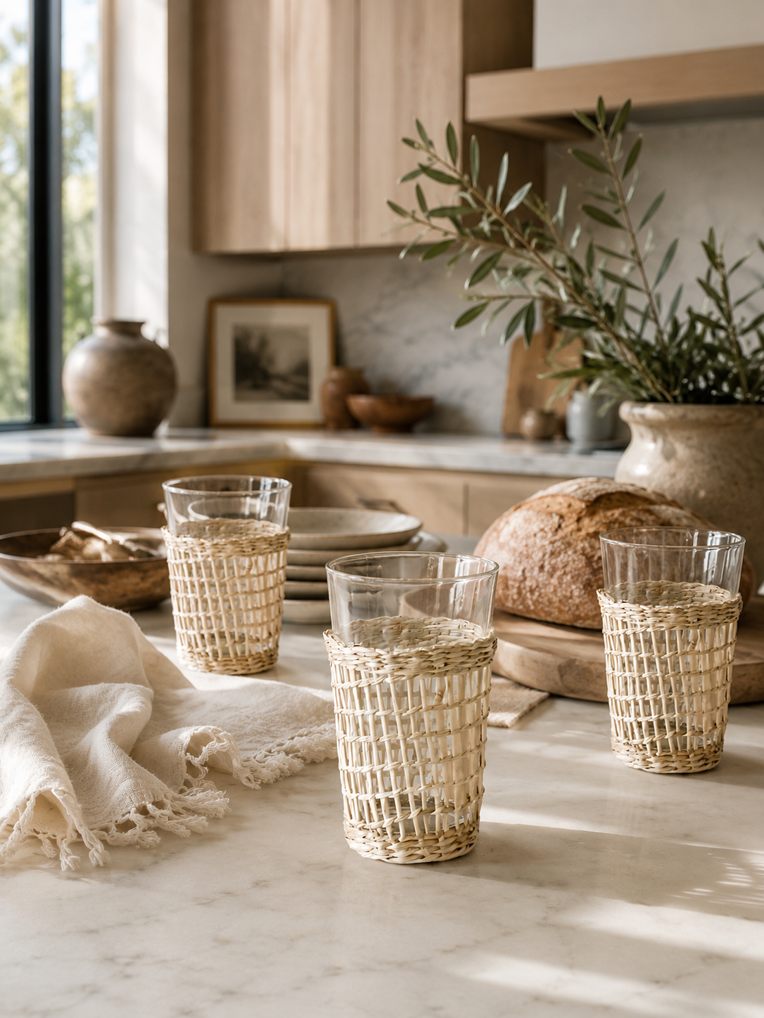Three woven rattan drinking glasses styled on a creamy marble countertop in a warm California modern kitchen with artisan bread, linen textiles, olive branches, and soft natural sunlight.