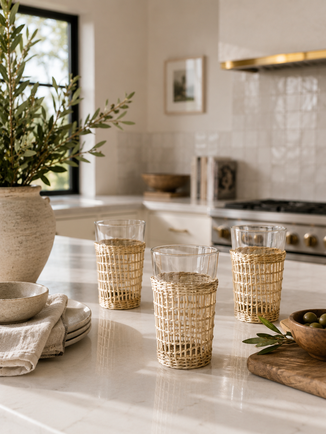 Three woven rattan drinking glasses styled on a creamy marble kitchen island in a warm California modern kitchen with olive branches, stacked ceramic dishes, linen textiles, and soft natural sunlight.