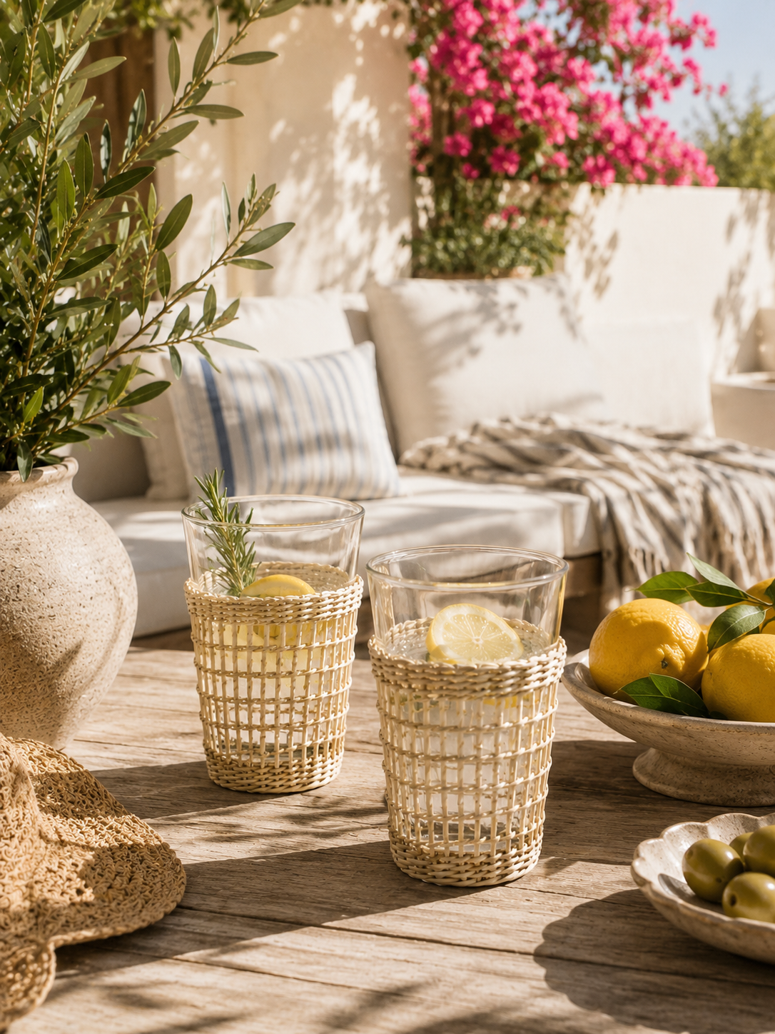 Two woven rattan drinking glasses styled on a sunlit outdoor patio table with lemons, olives, linen textiles, and Mediterranean-inspired decor in a warm California coastal setting.