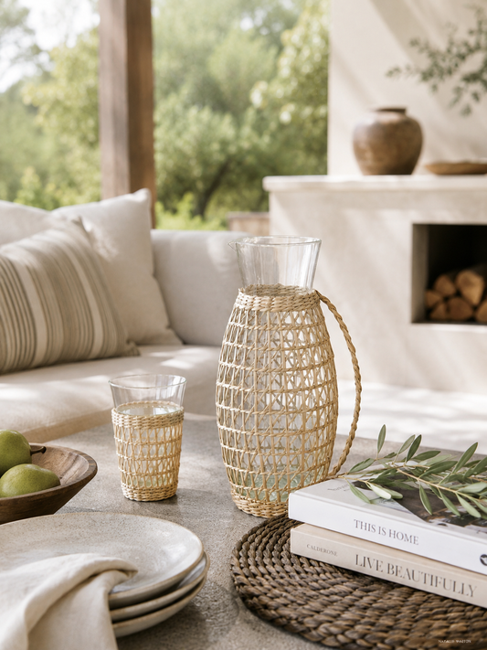 Glass pitcher with woven rattan sleeve styled on creamy marble countertops beside artisan bread, olive branches, and neutral California modern kitchen decor.