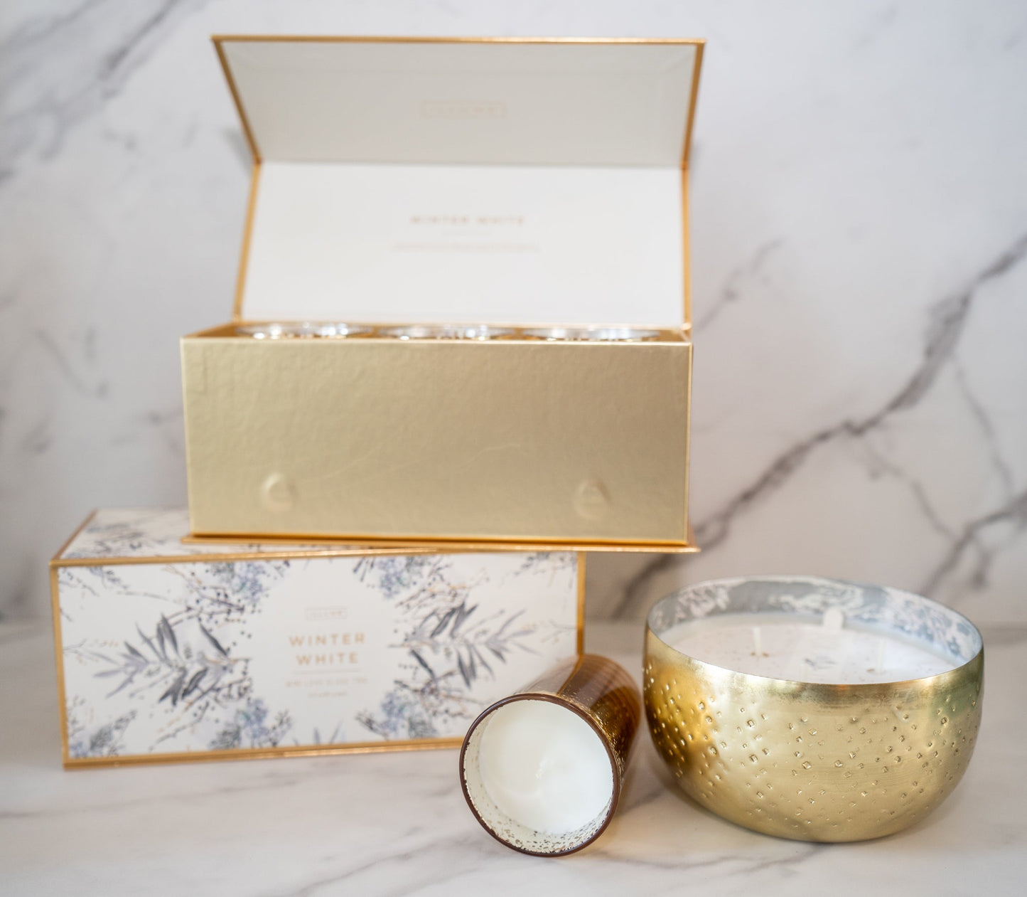 Packaging of Illume Winter White Large Iced Metal Bowl Candle