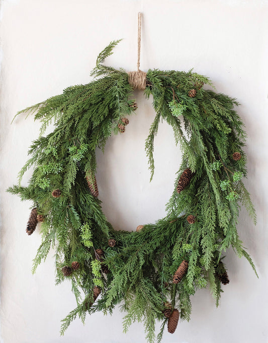 Faux Pine Wreath with Pinecones and Jute Hanger