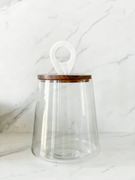 Glass Jar with mango wood lid and marble handle