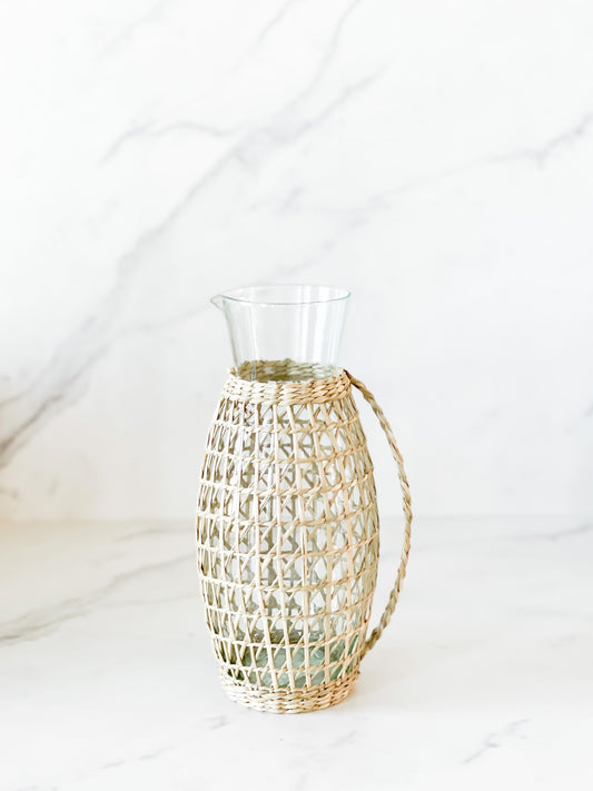 Glass Pitcher with Woven Seagrass Sleeve