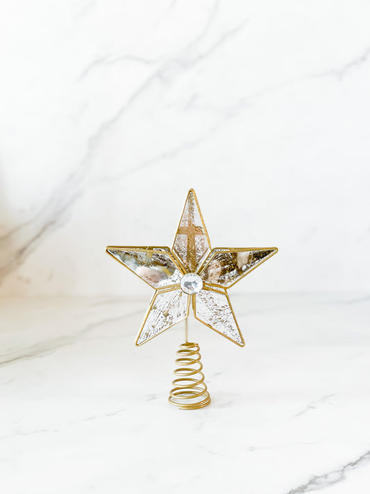 Metal and Antiqued Mirror Star Tree Topper, Distressed Gold Finish