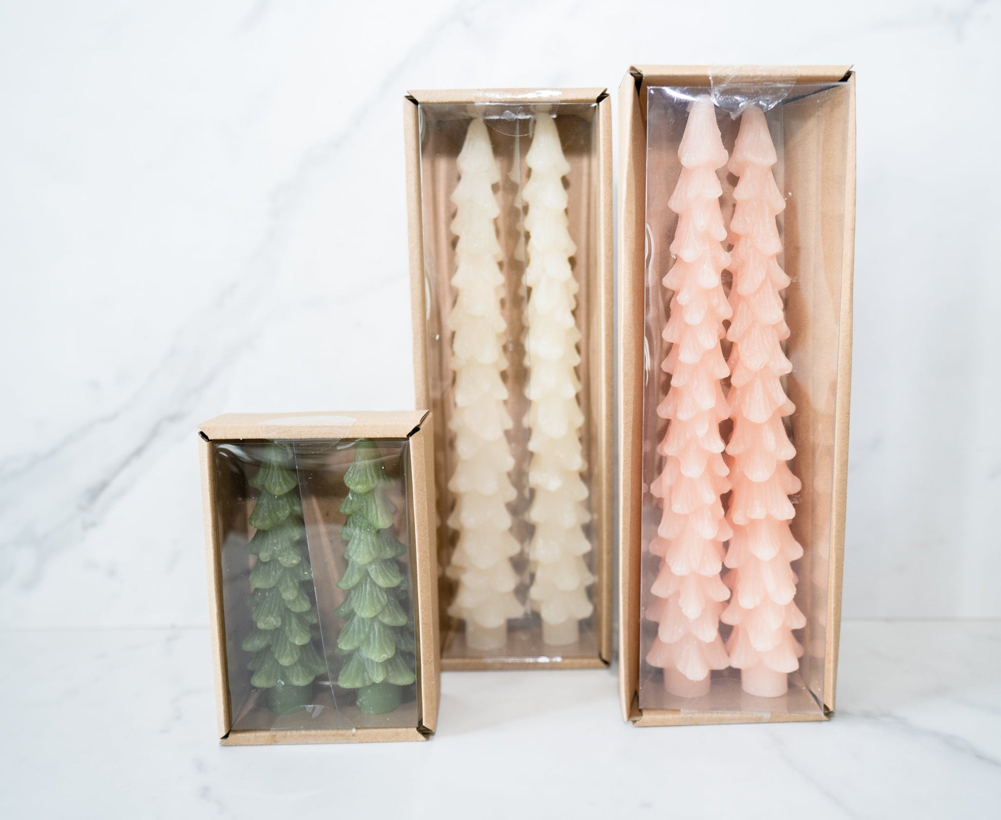 Packaging of white, pink & green tree taper candles set of 2